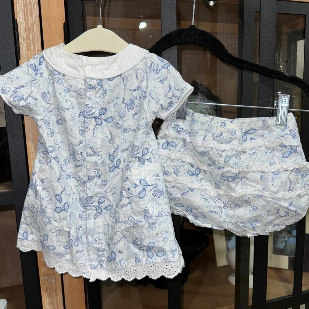 Lullaby Club diaper set baby girl toile print floral bows ruffles eyelet dress